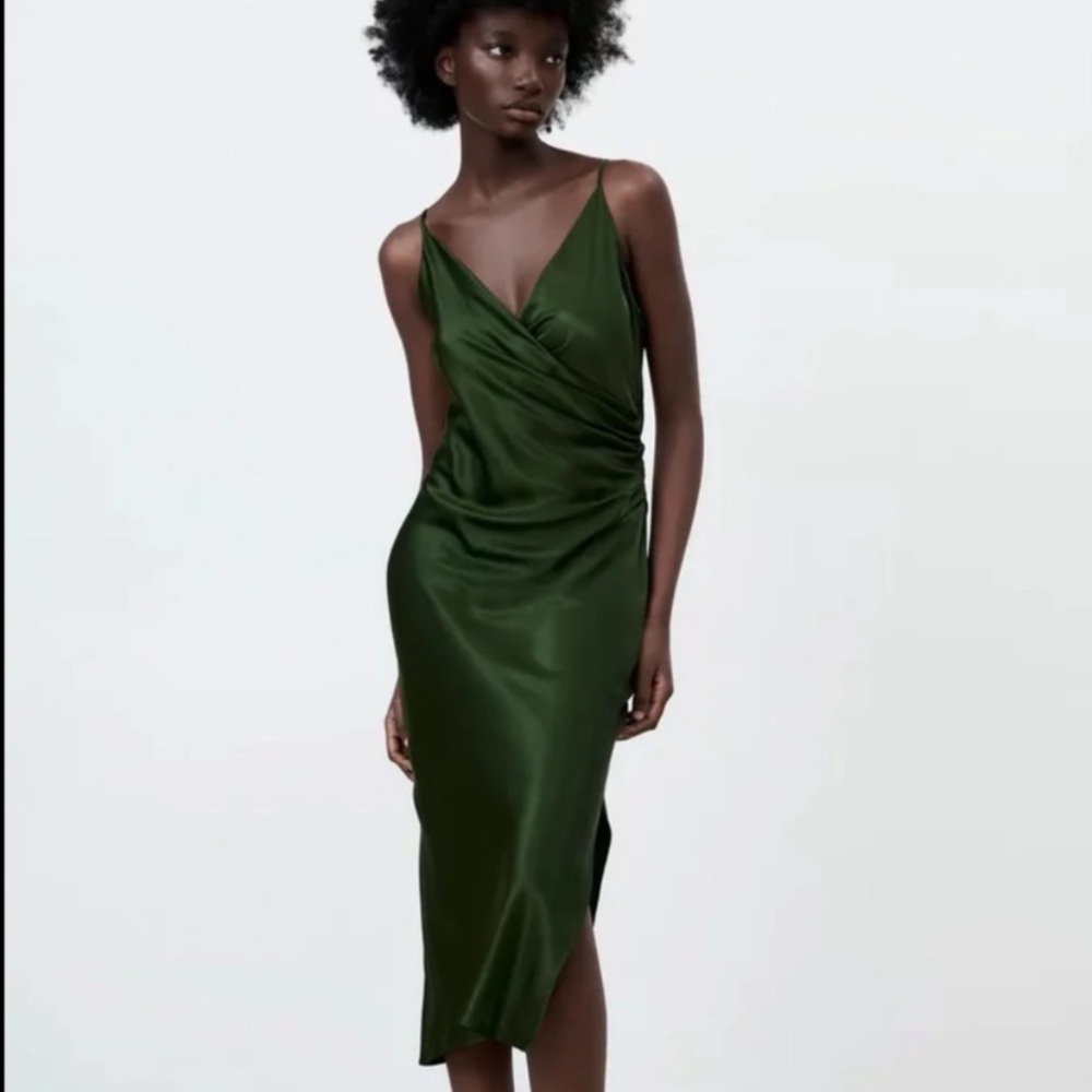 Zara Green Satin Slip Midi Dress with Draped V-Neck